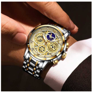 LIGE Men's Stainless Steel Quartz Moon Phase Watch