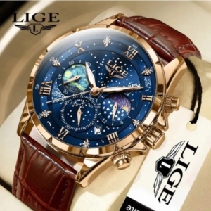 LIGE Men's Chronograph Watch with Leather Strap