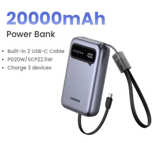 UGREEN 20000mAh Power Bank with Built-in USB-C Cable