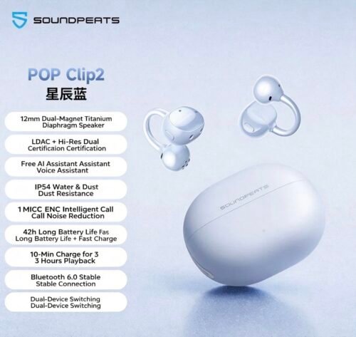 SoundPEATS PopClip 2 Open-Ear Bluetooth Ear-Clip Headphones with AI Translation