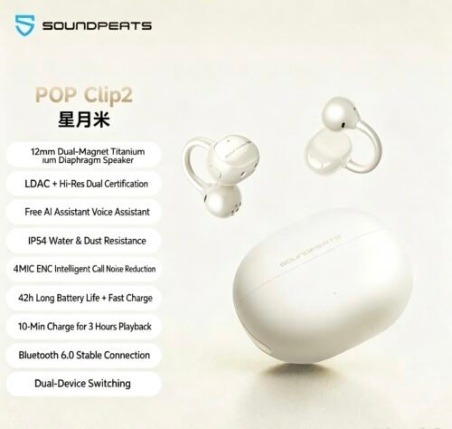 SoundPEATS PopClip 2 Open-Ear Bluetooth Ear-Clip Headphones with AI Translation