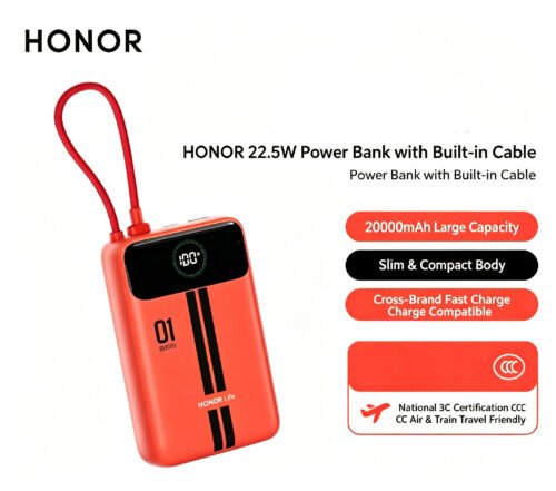 Honor Co-branded 22.5W Fast-Charging Power Bank 20000mAh with Built-in Cable