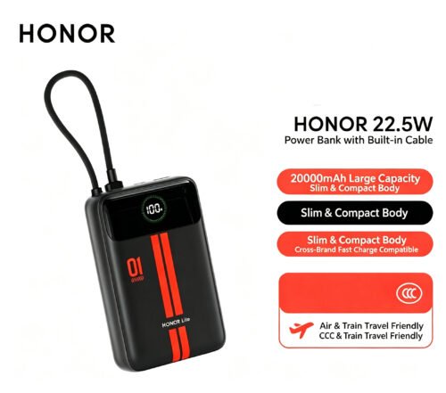 Honor Co-branded 22.5W Fast-Charging Power Bank 20000mAh with Built-in Cable