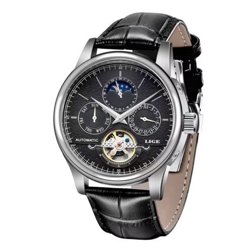 LIGE Men Watches Automatic Mechanical Watch Genuine Leather Waterproof Multifunctional Luxury Man Watch