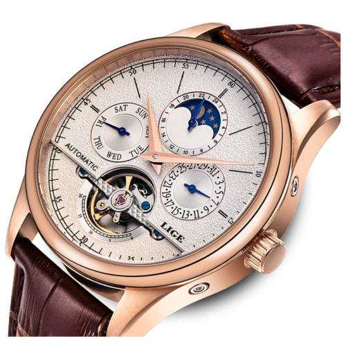 LIGE Men Watches Automatic Mechanical Watch Genuine Leather Waterproof Multifunctional Luxury Man Watch