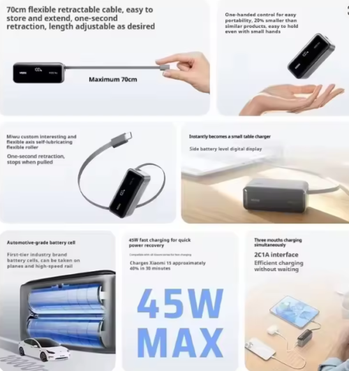 MIIIW Digital Display Fast Charging Power Bank 45W 10000mAh Large Capacity Built-in 70cm Retractable Cable Power Bank Chargers
