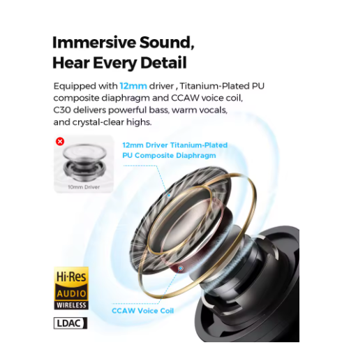 SOUNDPEATS C30 Wireless Earphones -52dB Hybrid ANC Bluetooth 6.0 Headphones Hi-Res LDAC Audio