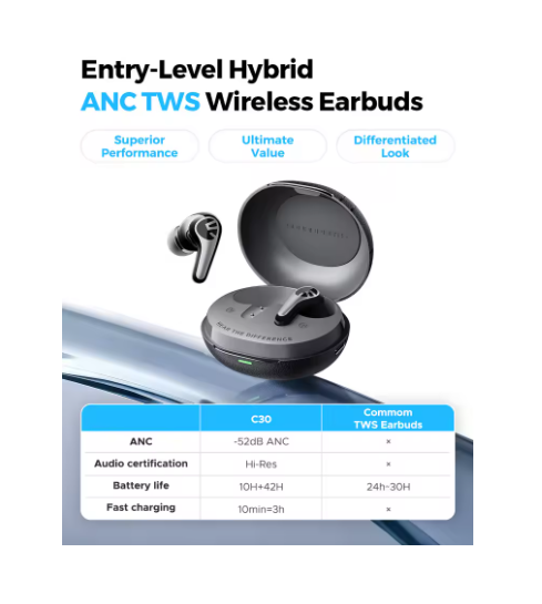 SOUNDPEATS C30 Wireless Earphones -52dB Hybrid ANC Bluetooth 6.0 Headphones Hi-Res LDAC Audio