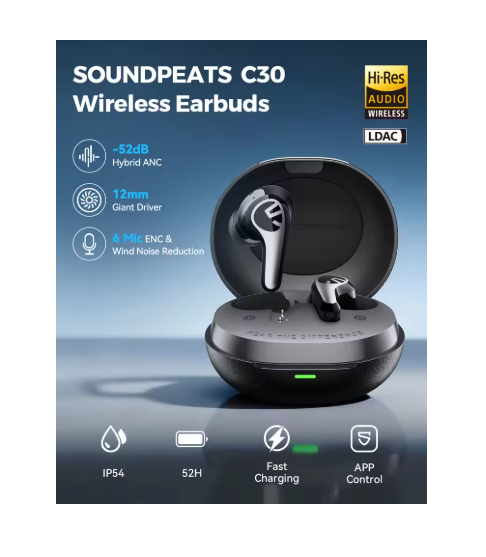 SOUNDPEATS C30 Wireless Earphones -52dB Hybrid ANC Bluetooth 6.0 Headphones Hi-Res LDAC Audio