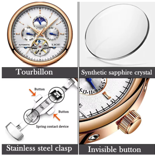 LIGE Men Watches Automatic Mechanical Watch Genuine Leather Waterproof Multifunctional Luxury Man Watch