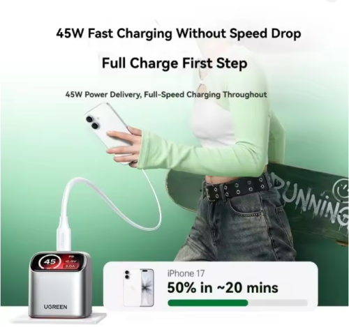 UGREEN X740 45W GaN Charger with Smart Screen Display Folding Pin USB-C Adapter for Phone Tablet Laptop