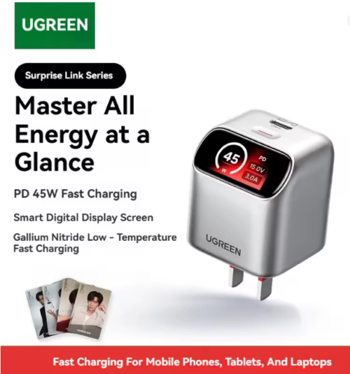 UGREEN X740 45W GaN Charger with Smart Screen Display Folding Pin USB-C Adapter for Phone Tablet Laptop