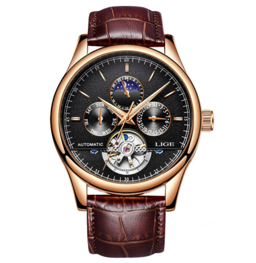 LIGE Men Watches Automatic Mechanical Watch Genuine Leather Waterproof Multifunctional Luxury Man Watch