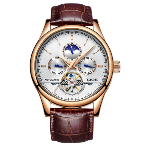 LIGE Men Watches Automatic Mechanical Watch Genuine Leather Waterproof Multifunctional Luxury Man Watch