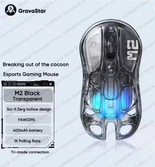 GravaStar Mercury M2 Wireless Gaming Mouse PAW3395 Bluetooth Lightweight Hollowed Out RGB E-sport Gamer Mice Mouse